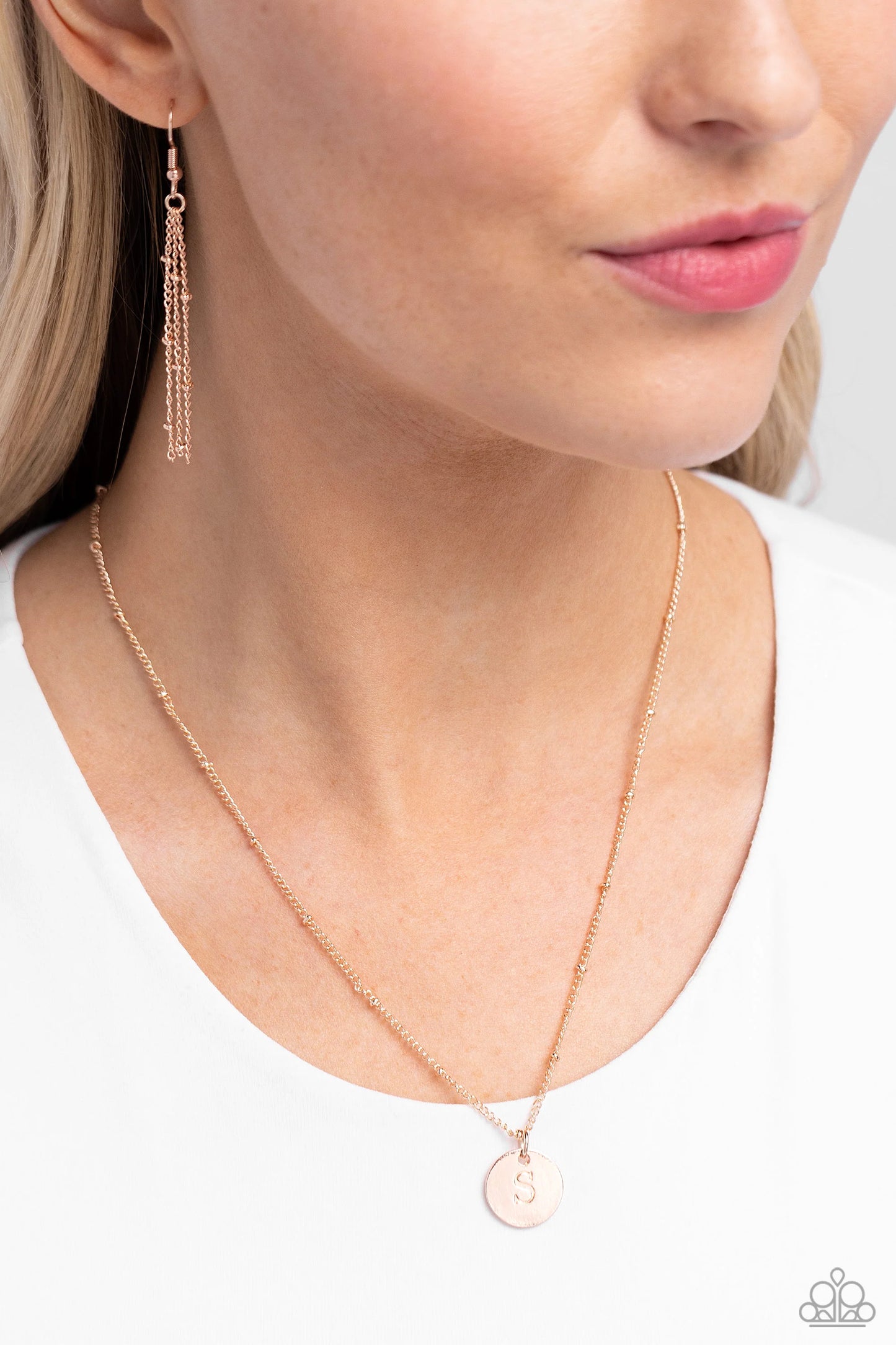 S - Initial Elegance Paparazzi Accessories Necklaces with Earrings Rose Gold