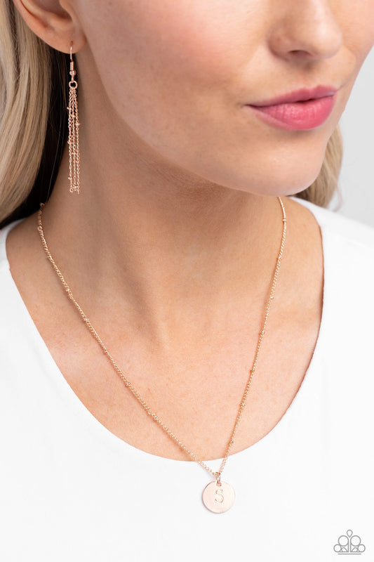 S - Initial Elegance Paparazzi Accessories Necklaces with Earrings Rose Gold