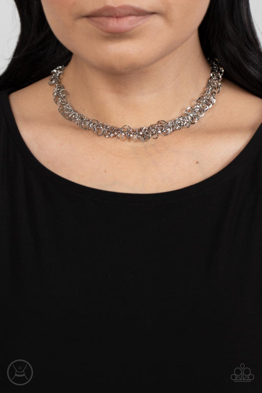 Cause a Commotion  Paparazzi Accessories Choker Necklace with Earrings -- Silver